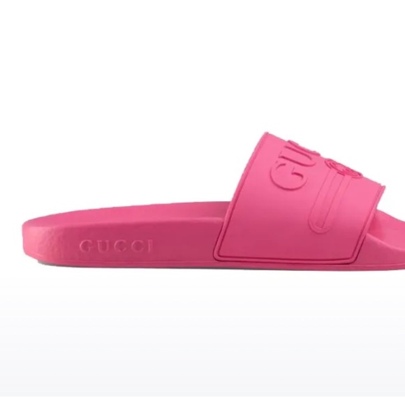 GUCCI SHOES WOMENS PURSUIT SLIDES LOGO PINK RUBBER FLIP FLOPS - Picture 3 of 6